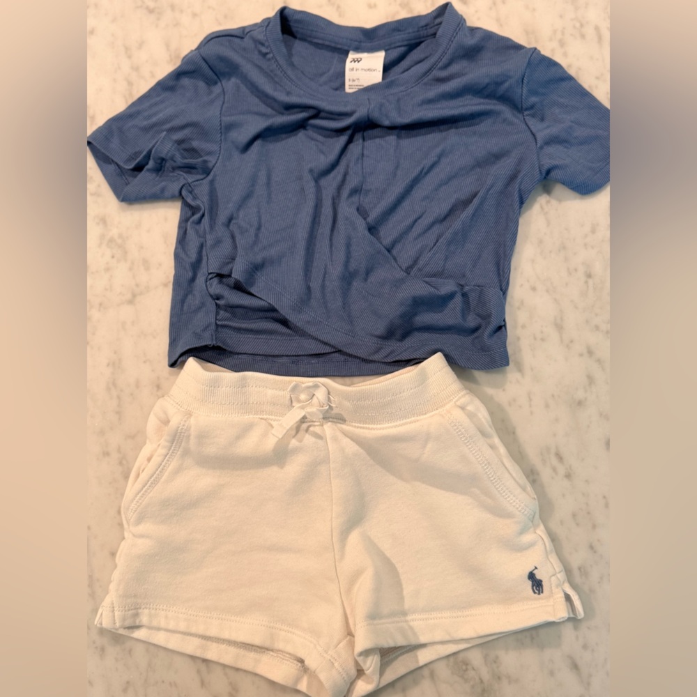 Ralph Lauren Girls white cotton shorts and all in motion blue twist tee set